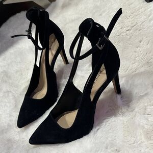 Gianni Bini Black Suede Pointed-Toe Ankle Strap Heels